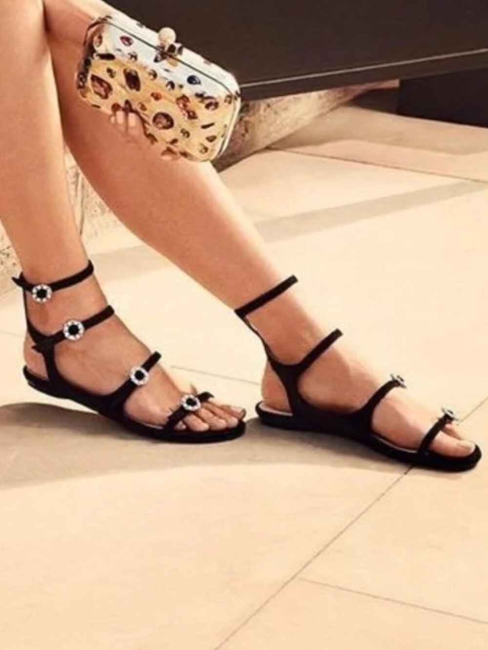 Authentic Jimmy Choo Naia Black Suede Flat Sandals Swarovski Crystals Size 9